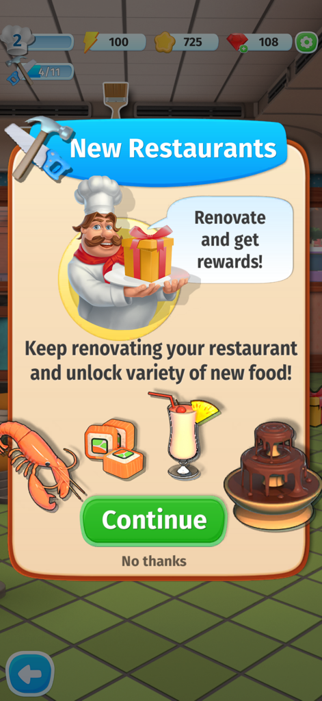 Food Merge: Cook & Design - Popup no jogo mostrando recompensas e novos itens de comida para renovar um restaurante no Food Merge