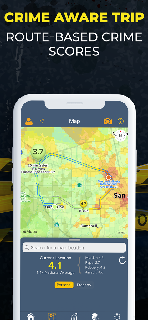 Mobile app interface displaying route based crime scores and a safety heat map for navigation