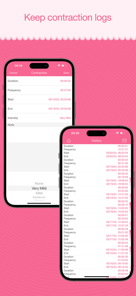 Contraction Monitor - User interface of Contraction Monitor app showing saved contraction logs and new log entry screen