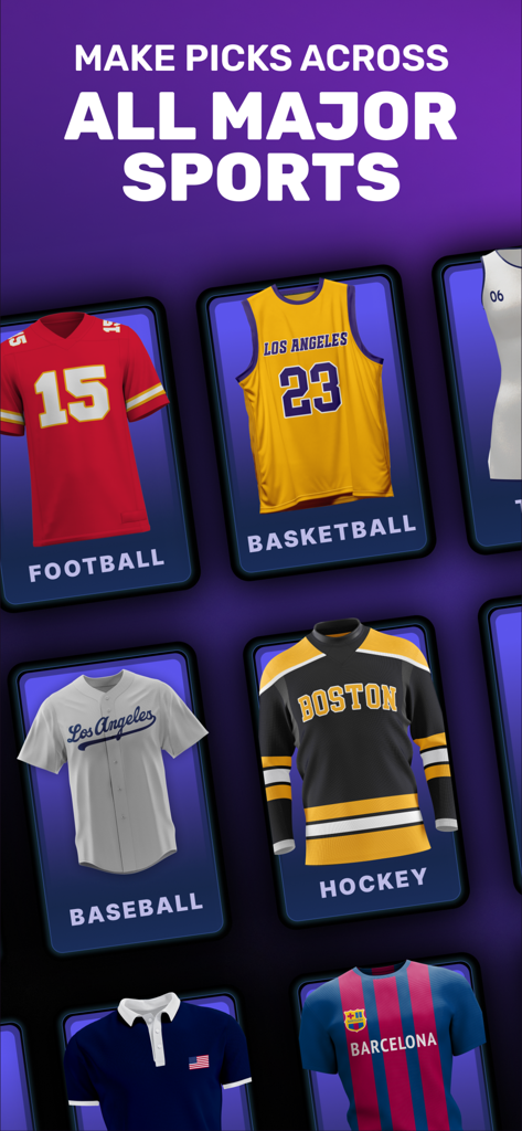 Onyx Odds - Onyx Oddsアプリインターフェース、ピック作成のためのさまざまなスポーツカテゴリを表すフットボール、バスケットボール、野球、ホッケーのジャージを表示