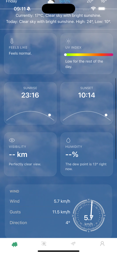 Weather 24/7 Weather360 - Interface of Weather 24/7 Weather360 app showing detailed weather data including UV index sunrise sunset and wind speed
