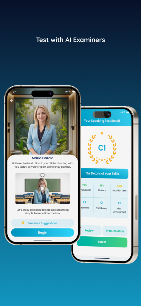 Pantallas de la aplicación móvil que muestran a un examinador de IA llamado Maria Garcia y un informe de resultados de examen de habla con una certificación de nivel C1 de inglés.