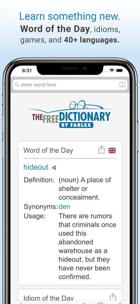 The Free Dictionary app interface displaying the Word of the Day feature with the word hideout and its definition