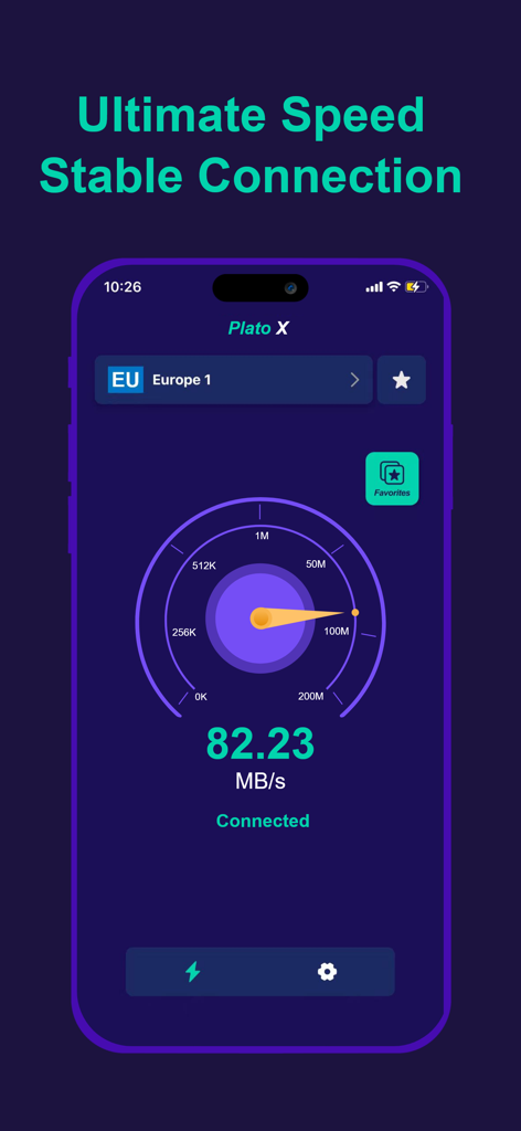 PlatoVPN Fast:Super VPN Proxy - PlatoVPN Fast app interface showing a stable connection speed of 82.23 MB/s on a European server.