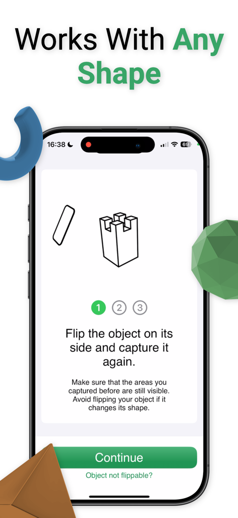 さまざまな形状の3Dスキャンガイダンスを表示するスマートフォンインターフェイス。