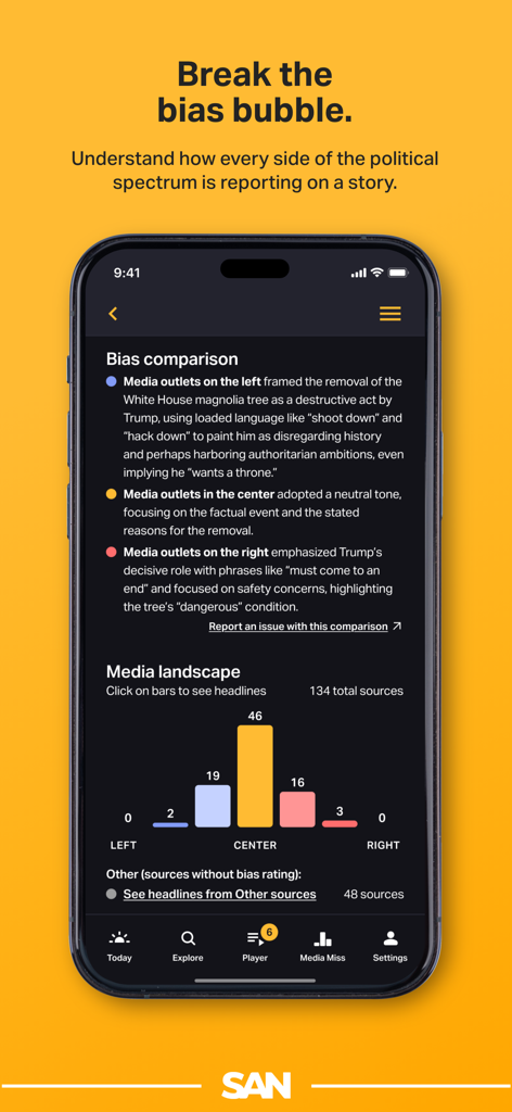 Interface do aplicativo Straight Arrow News exibindo análise de comparação de viés e gráfico de cenário de mídia