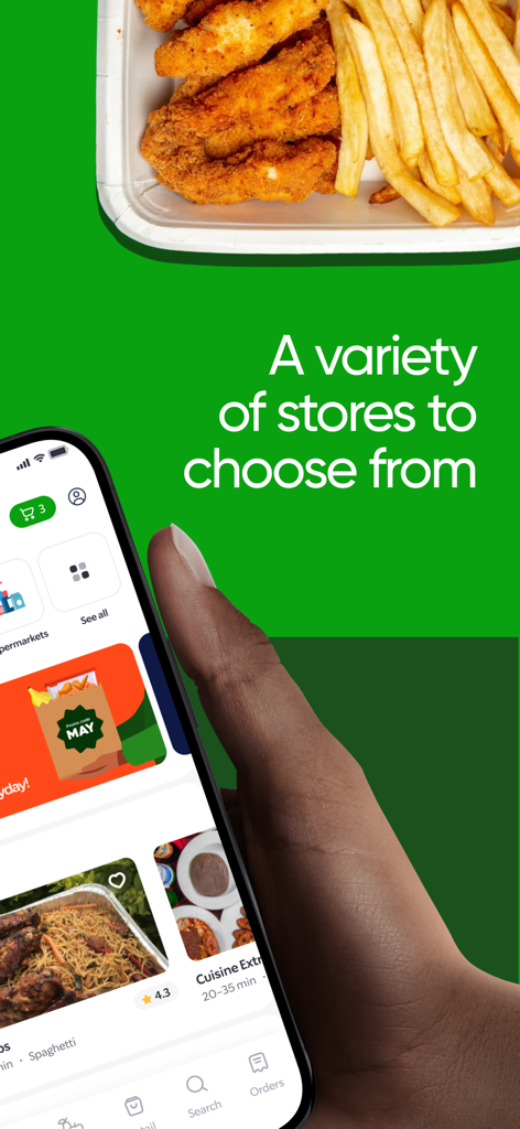 Heyfood - Food Delivery - Uma mão segurando um smartphone mostrando a interface do aplicativo Heyfood com várias categorias de alimentos e listagens de restaurantes sob o texto Uma variedade de lojas para escolher.