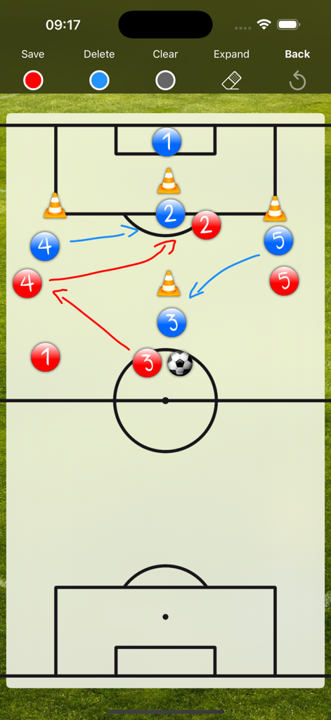 Digital tactical board showing soccer drills and player positions on a virtual pitch