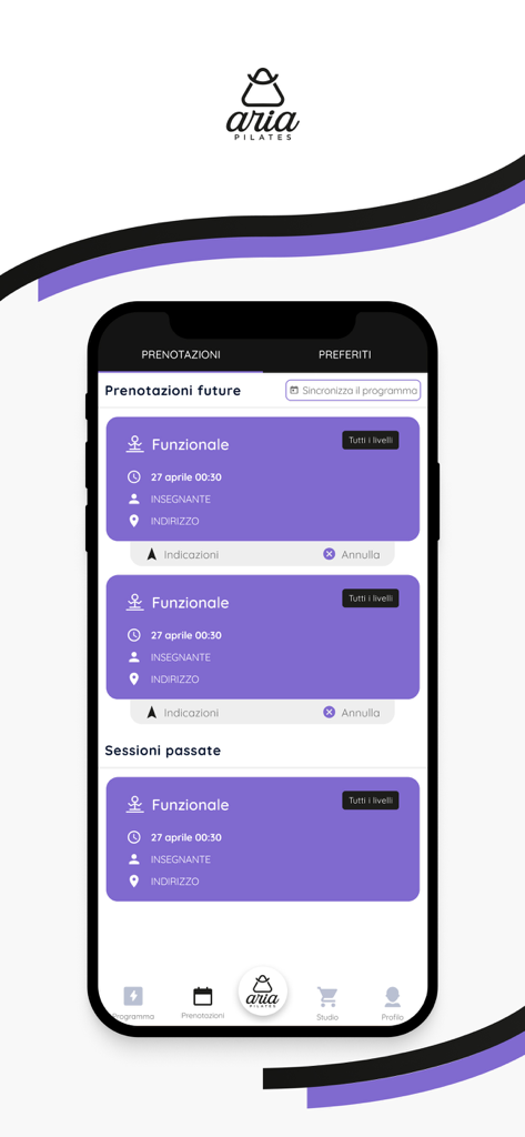 Mobile app screen for Aria Pilates showing a list of scheduled and past fitness classes.