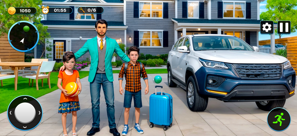 Single Dad Games Happy Family - Virtual single dad and children standing in front of a suburban house with a white SUV and suitcase