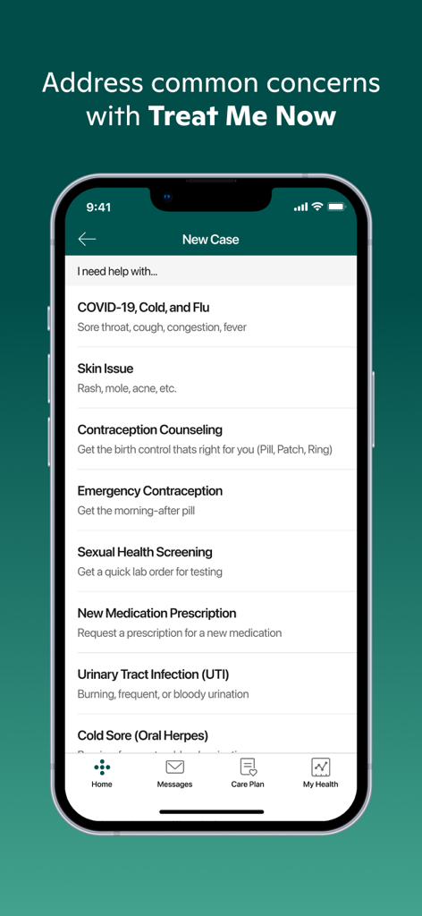 One Medical app interface displaying a list of common medical concerns like COVID-19 and skin issues under the Treat Me Now feature