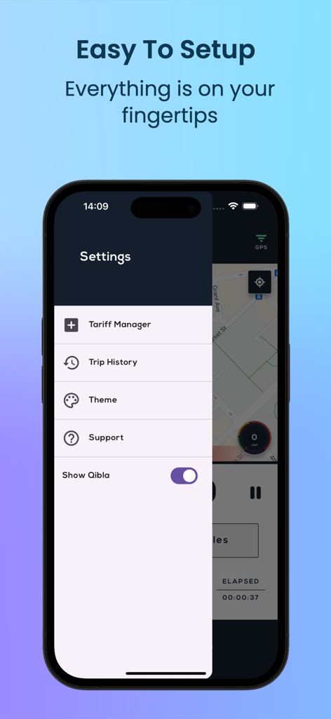 Settings screen of the Best Taxi Meter app showing the tariff manager and Qibla direction toggle.