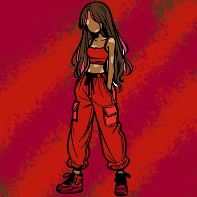 girl in baggy pants crop top and long hair
