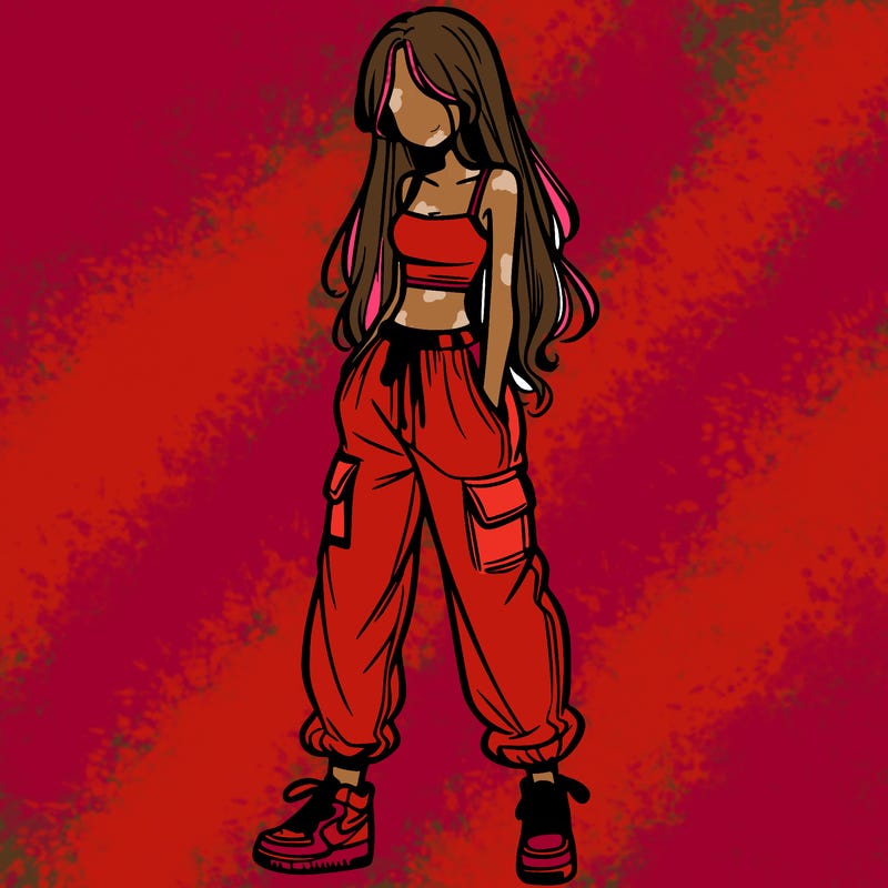 girl in baggy pants crop top and long hair