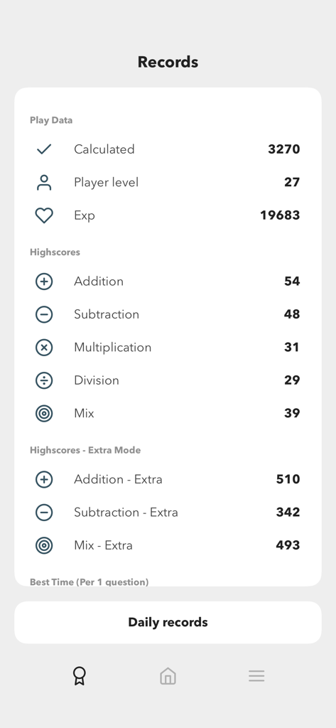 Ninimaths - Ninimaths records screen showing player stats and high scores.