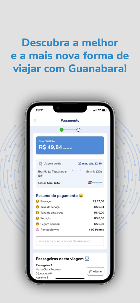 Guanabara mobile app checkout screen displaying bus ticket price and travel itinerary information
