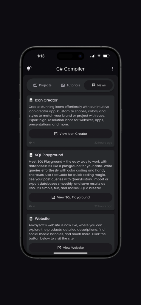 C# Compiler - A screenshot of the C# Compiler app's News section featuring updates on an Icon Creator, SQL Playground, and the developer's official website.