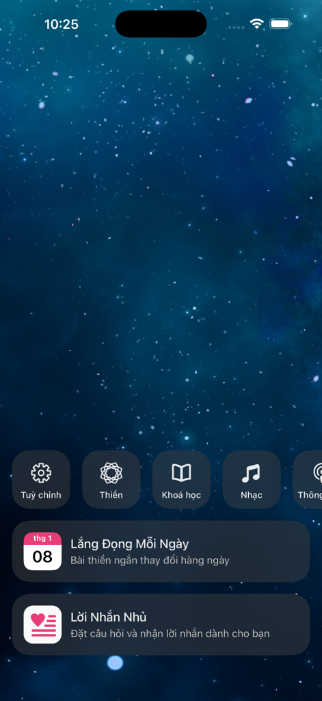 User interface of the Thien Duong Dai meditation app showing menus for meditation courses and music against a starry background