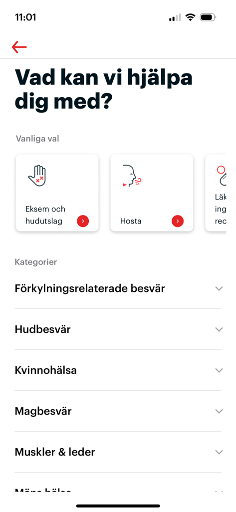 Min Doktor – Vård & vaccin - Interface da aplicação Min Doktor que mostra categorias de saúde para consulta médica