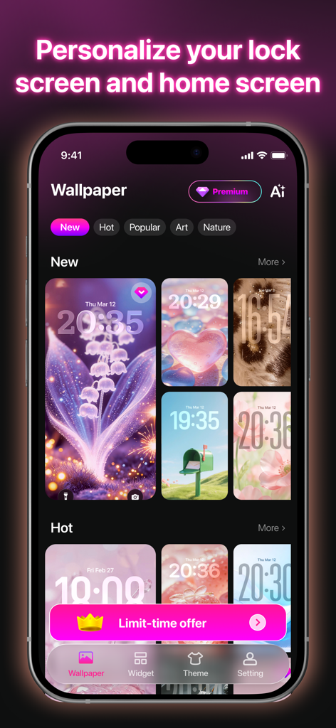 AuraAI: Themes & Wallpapers - Interface do aplicativo AuraAI mostrando uma coleção de papéis de parede estéticos para personalização do iPhone