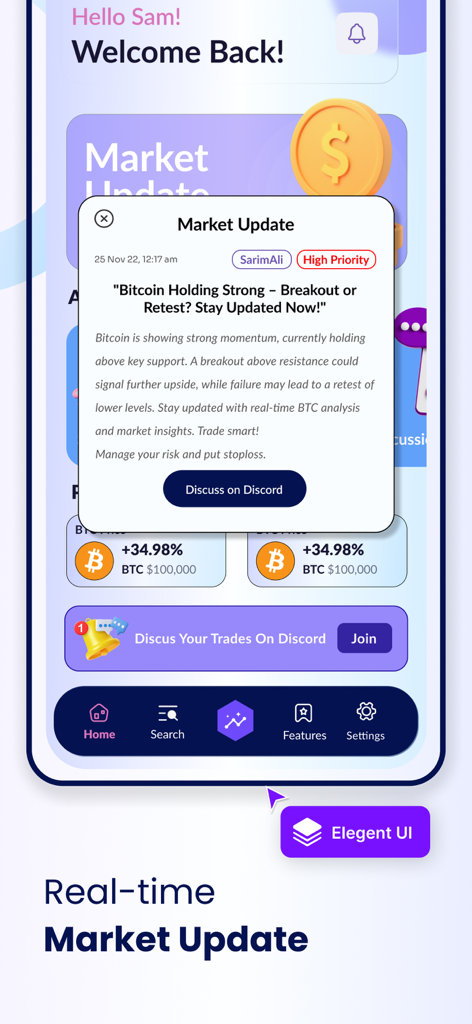 Cryptoverse Edge - Mobile App-Oberfläche für Cryptoverse Edge, die Echtzeit-Bitcoin-Markt-Updates und Handelssignale anzeigt.