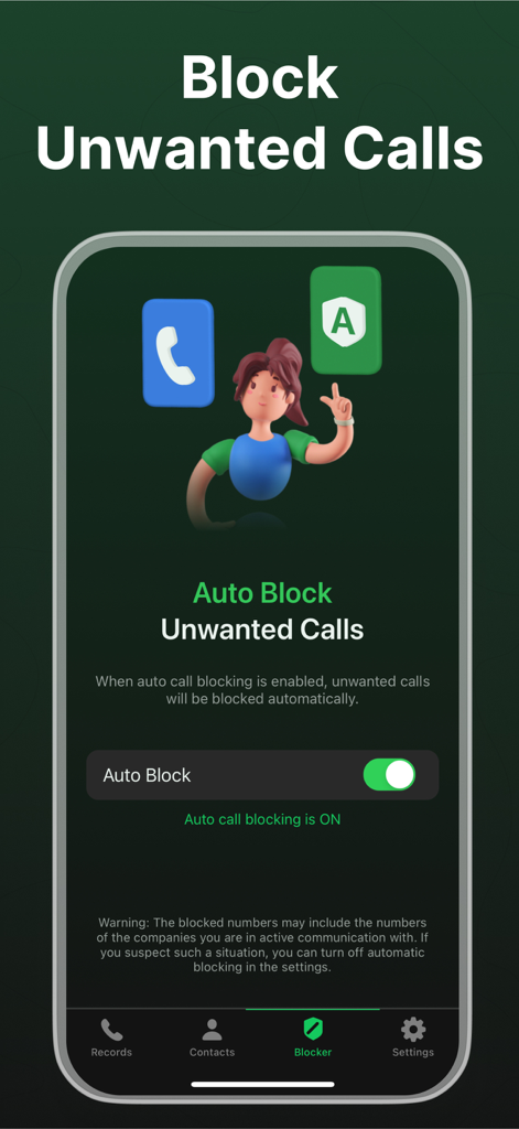 Interface of the Call Recorder Rink app showing the auto block unwanted calls feature enabled.
