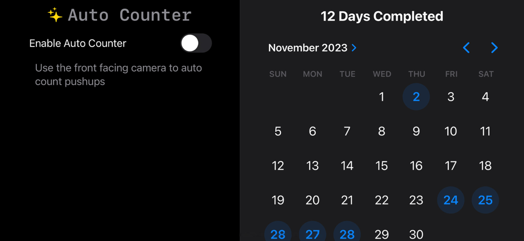 Pushup Counter App - Interface of the Pushup Counter App showing the AI auto counter toggle and a workout progress calendar.
