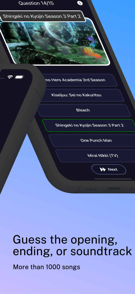 AniQuiz - Guess the Anime - Pantalla de smartphone de la aplicación AniQuiz que muestra una pregunta de trivia para adivinar un anime por su apertura o banda sonora.