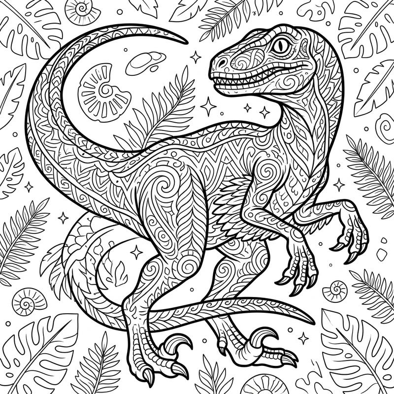 Dive into prehistoric fun with this captivating Velociraptor coloring page, designed with intricate patterns inspired by popular culture. Perfect for bringing a legendary dinosaur to life with your favorite colors.