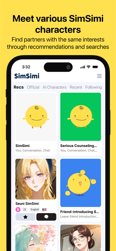 Tela do aplicativo móvel SimSimi mostrando uma seleção de diversos personagens de chat de IA.