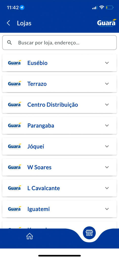 Supermercado Guará - Mobile app screen showing a list of Supermercado Guara store locations with a search bar for easy navigation