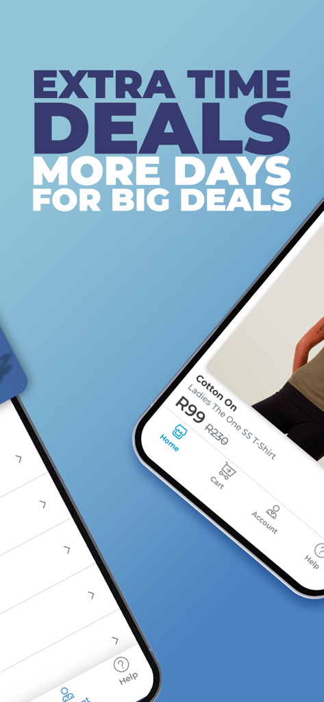 Interface do aplicativo OneDayOnly mostrando ofertas de tempo extra e descontos de produtos