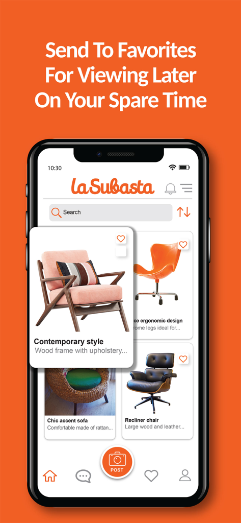 La Subasta: Latino Marketplace - Mobile phone screen showing furniture listings on the La Subasta Latino Marketplace app
