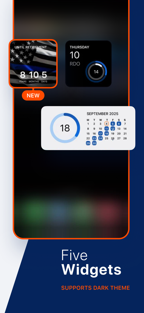 Summons Partner+ iOS widgets showing a retirement countdown and RDO calendar with dark theme support
