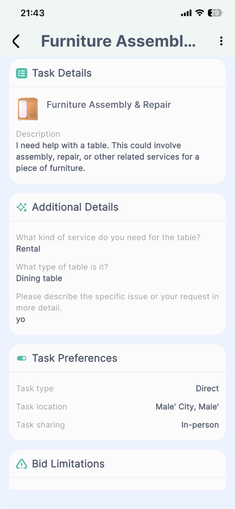 Taskin - Mobile app screen showing furniture assembly task details including category description and location preferences