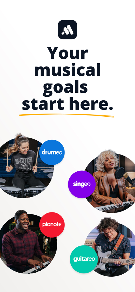 A splash screen for Musora app showcasing learning paths for drums, vocals, piano, and guitar