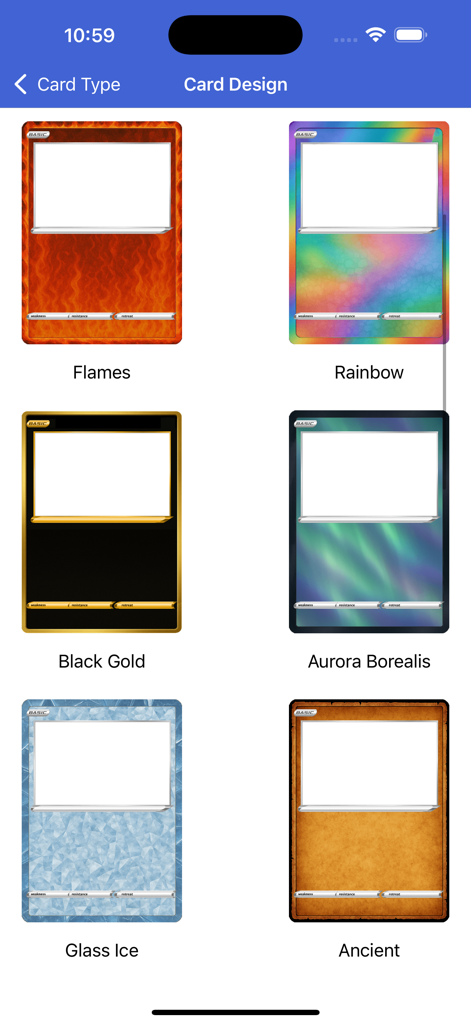 PokeCards TCG Card Maker Live - A screen showing various custom TCG card design templates including Flames, Rainbow, and Black Gold styles.