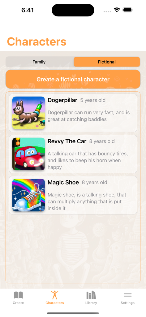 AI Stories For Kids - The characters screen in the AI Stories For Kids app showing a list of custom fictional characters for bedtime stories.
