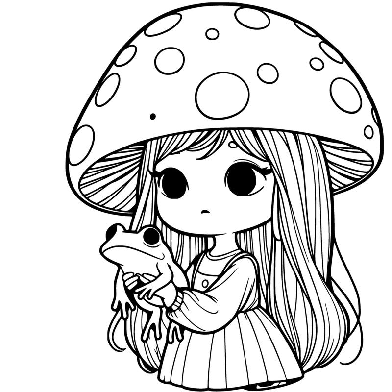 a realistic mushroom girl holding a frog