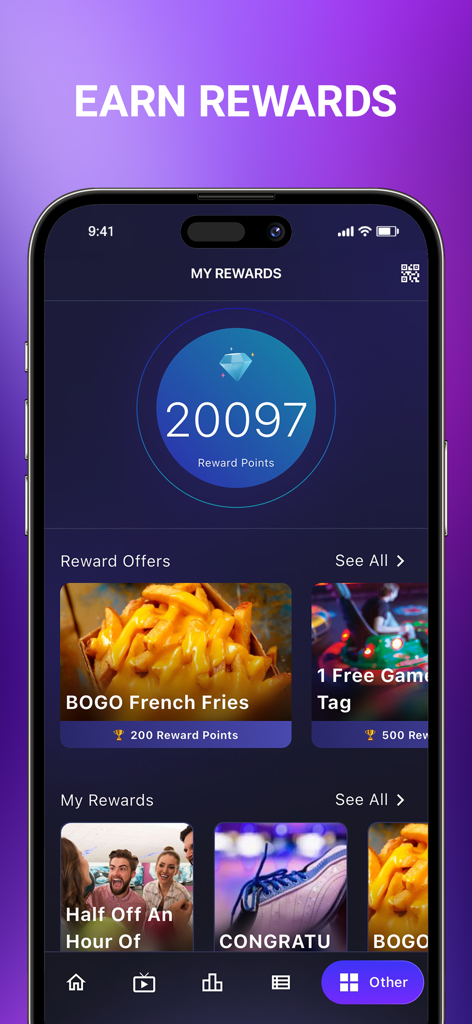 OpenLane app interface showing loyalty reward points and exclusive food offers for bowling center visitors