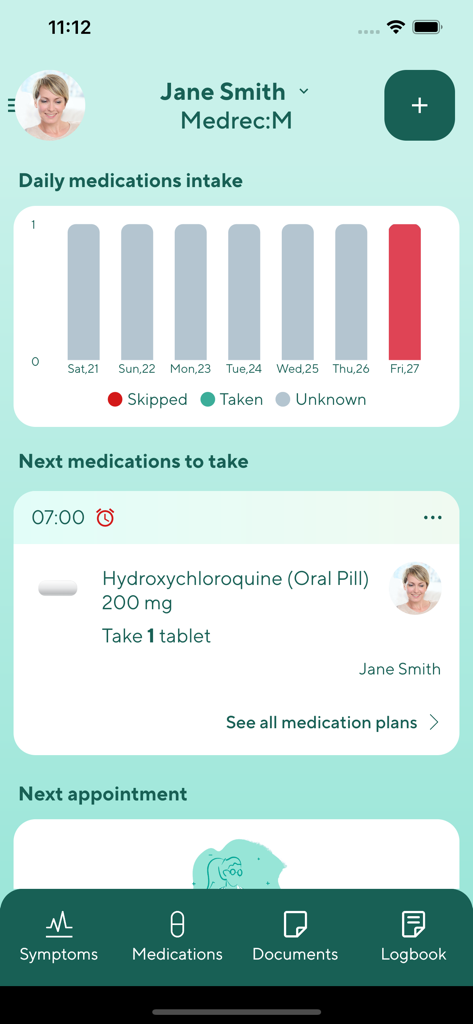 Medrec:M - Medrec M app dashboard showing a daily medication intake chart and scheduled pill reminder.