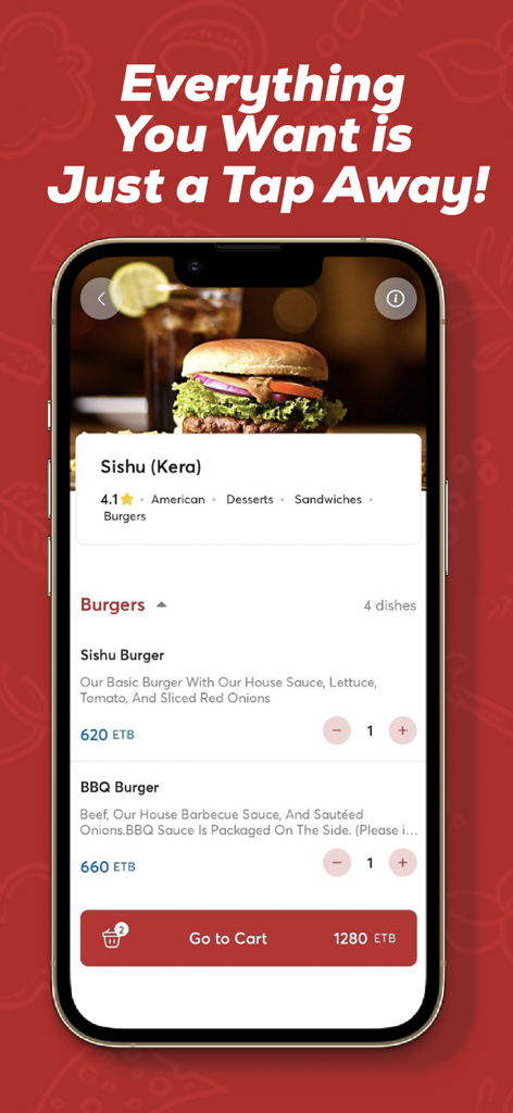 Deliver Addis - Deliver Addis mobile app interface showing a restaurant menu for a burger restaurant in Addis Ababa