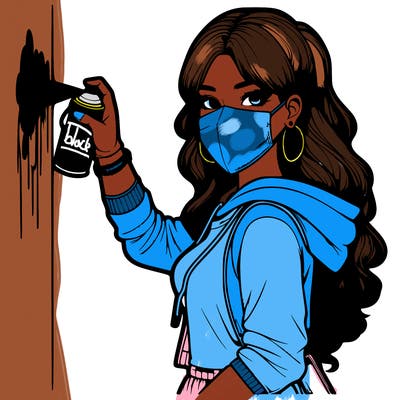 realistic girl with mask spray painting a wall