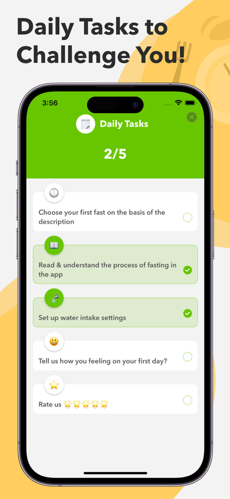 Fast: Intermittent Fasting App - Pantalla de lista de tareas y desafíos diarios en la app Fast de ayuno intermitente.
