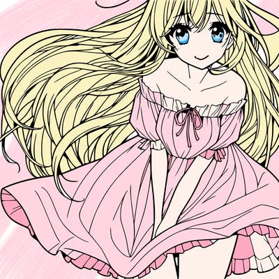 manga girl with long flowing hair and a dress that is pushed down