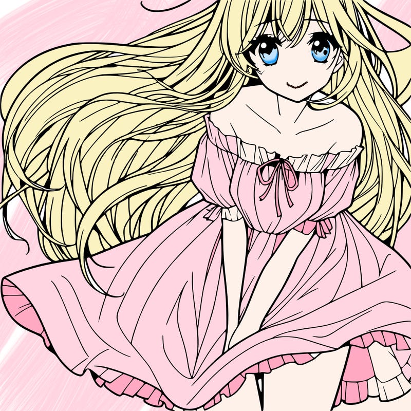 manga girl with long flowing hair and a dress that is pushed down