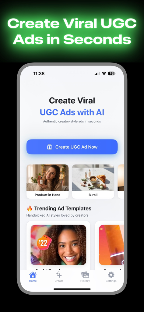 Creatify AI UGC Video Ad Maker - Tela inicial do aplicativo Creatify AI exibindo opções para criar anúncios UGC virais com atores de IA e tomadas de produto.