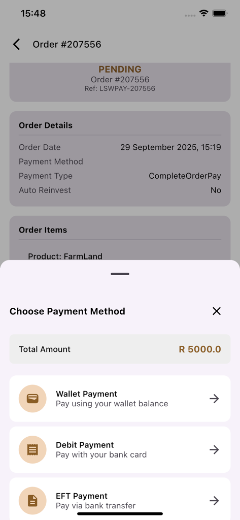 Livestock Wealth - Livestock Wealth app screen showing payment options for an investment order