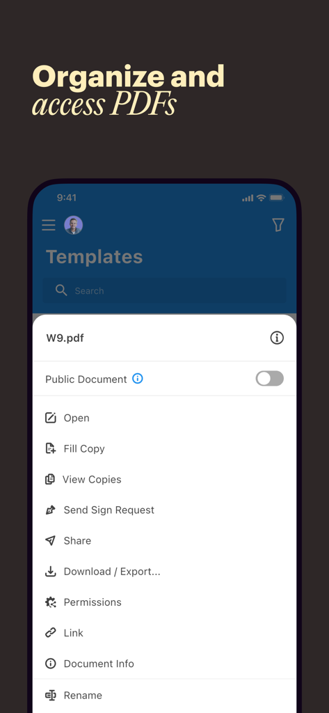 Schermata dell'app mobile DocHub che mostra le opzioni per organizzare e accedere ai documenti PDF, inclusa la firma e la condivisione