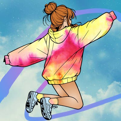 realistic girl jumping with a bun and oversized sweatshirt